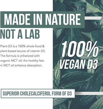 Organic Vitamin D3 10,000 IU - Plant D3, Vegan, Max Strength Sublingual Liquid D3 Drops - 200% Higher Absorption, 100% Plant-Based Cholecalciferol Form & Vegan D3, Adjustable Dosing (1oz - 2 Pack)