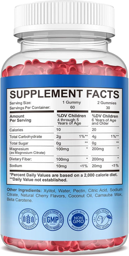Magnesium Gummies for Kids, Magnesium Citrate Supplement for Adults & Kids, Calm Magnesium Gummies Support Sleep, Bone & Muscle Health, Nerve Relaxation, 60 Cherry Gummies