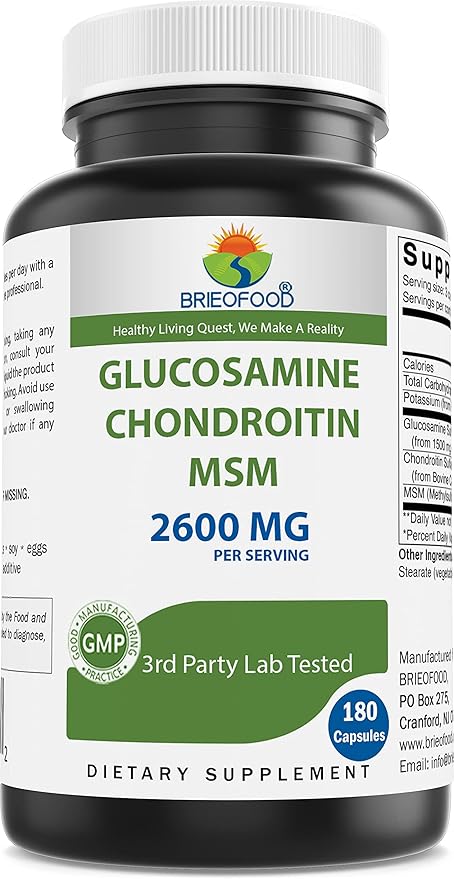 Brieofood Triple Strength Glucosamine Chondroitin MSM 2600mg/Serving Capsules, 180 Count