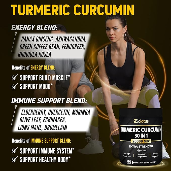 30 in 1 Turmeric Curcumin + 95% Curcuminoids, 20000mg, with 120 Capsules