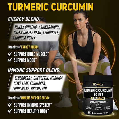 30 in 1 Turmeric Curcumin + 95% Curcuminoids, 20000mg, with 120 Capsules