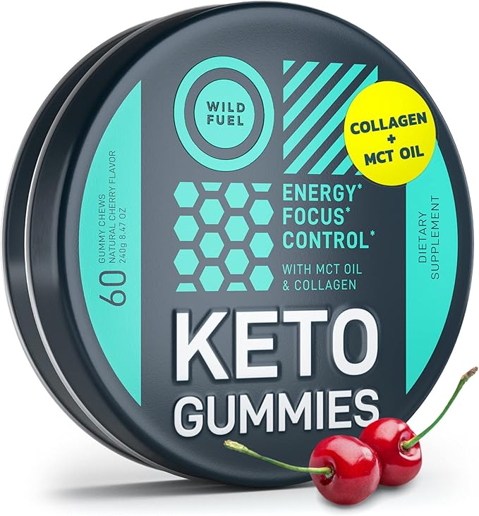 MCT Oil Keto Gummies Collagen Metabolism Booster - Pre Workout Gummy Energy Chews Keto Candy - Physical and Mental Energy, Low Carb, Low Calorie - 60 Cherry Collagen Gummies For Women and Men