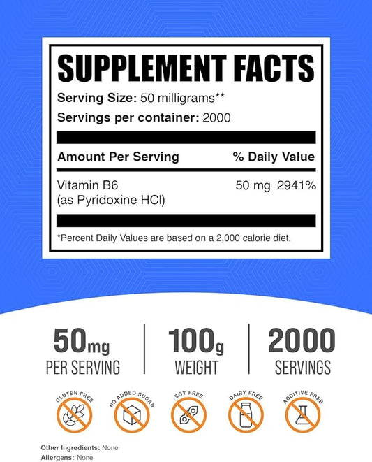 BulkSupplements.com Pyridoxine HCl Powder - Vitamin B6 Supplement, Vitamin B6 50mg - for Immune Support, Gluten Free, 50mg of Pyridoxine B6 per Serving, 100g (3.5 oz) (Pack of 1)