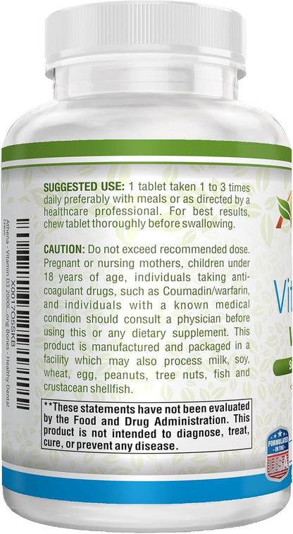 Athena - Vitamin D3 2000IU with K2 (MK7) - 90 Chewable Tablets - Supports Immune System - Muscle Energy - Strong Bones - Healthy Dental