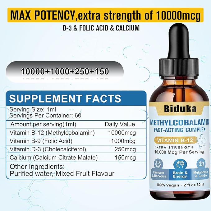 10,000mcg Vitamin B12 Sublingual Liquid Drops, D3, B9(Folic B9(Folic Acid),