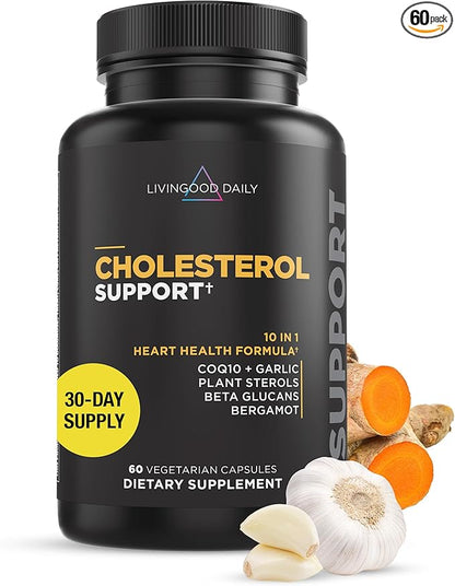 Livingood Daily Support - Supplement for Health with Beta Glucans, Pine Sterol, CoQ10, and Garlic Root - LDL & Triglycerides - Vegan, 60 Capsules