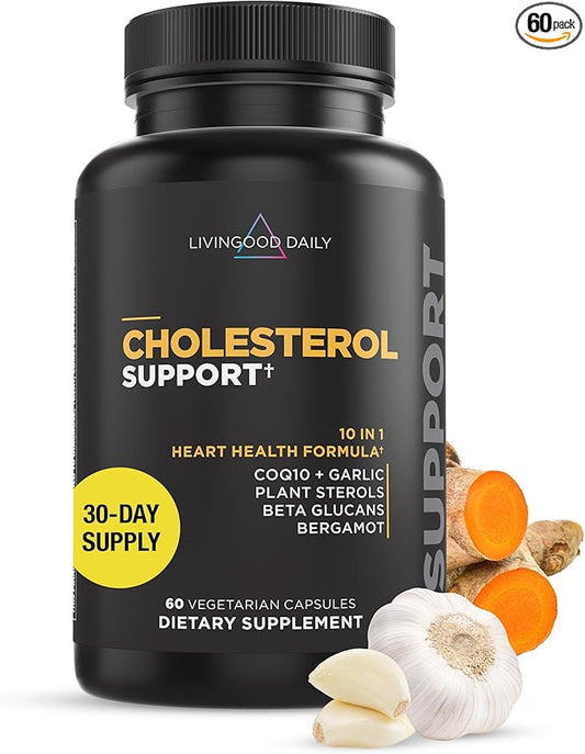 Livingood Daily Support - Supplement for Health with Beta Glucans, Pine Sterol, CoQ10, and Garlic Root - LDL & Triglycerides - Vegan, 60 Capsules