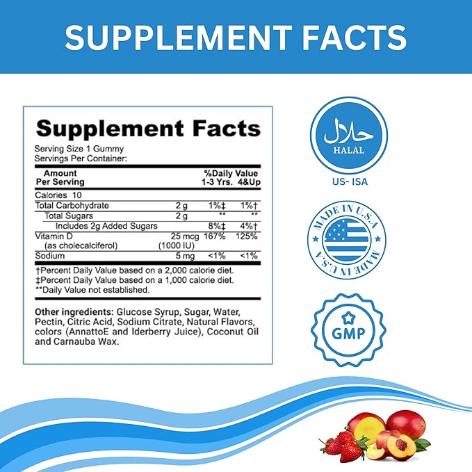 Greenfield Nutritions Halal Vitamin D3 for Kids - 1000 IU (25 mcg), 90 Halal Gummies - Non-GMO Gelatin Gluten Free Vegetarian Halal Vitamin D - Halal Vitamins for Kids, Supports Bone & Immune System