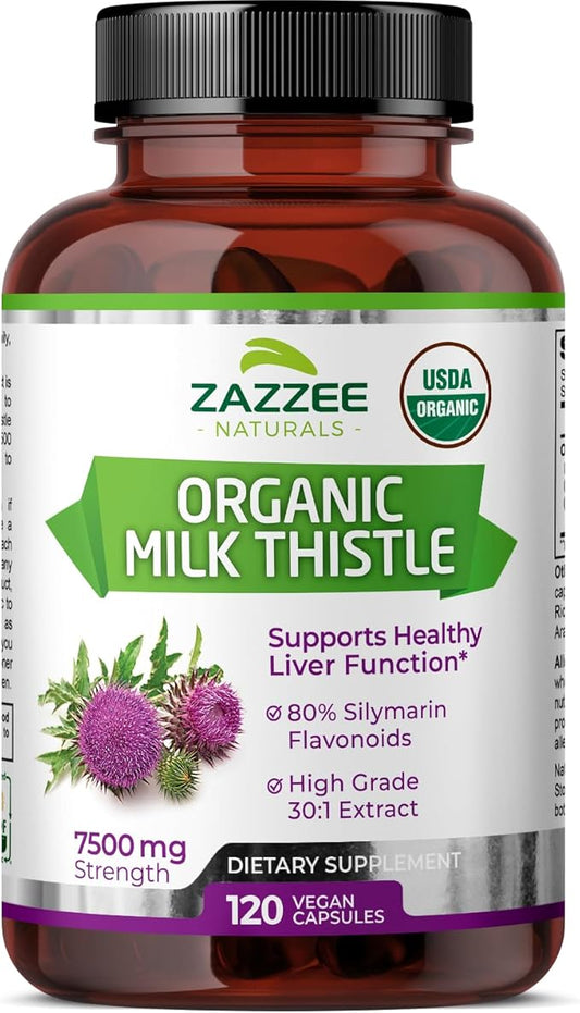 Zazzee USDA Organic Milk Thistle 30:1 7500 mg 120 Vegan 80% Silymarin 30X Extract, 100% Vegetarian,
