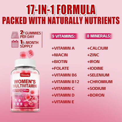 Womens Multivitamin Gummies - Sugar Free Multivitamin for Women with Vitamins A, C, D, E, Niacin, Folate, B6 & B12, Iron, Calcium, Zinc - Multi Vitamins & Minerals for Skin, Hair, Energy & Immune
