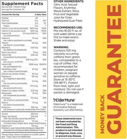 Pureboost Immune Clean Energy Booster, Refreshing Energy Drink Mix and Immunity Supplement with Elderberry, 1,200 mg Vitamin C, Vitamins A + D, and Zinc. Sugar-Free Energy (Elderberry Power, 30 Count)