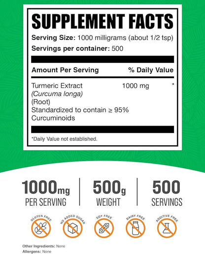 BulkSupplements.com Turmeric Extract Powder - from Turmeric Root, Curcumin Supplements 1000mg, Turmeric Curcumin Powder - Gluten Free, 1000mg per Serving, 500g (1.1 lbs) (Pack of 1)