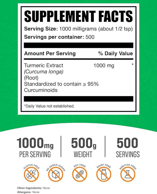BulkSupplements.com Turmeric Extract Powder - from Turmeric Root, Curcumin Supplements 1000mg, Turmeric Curcumin Powder - Gluten Free, 1000mg per Serving, 500g (1.1 lbs) (Pack of 1)