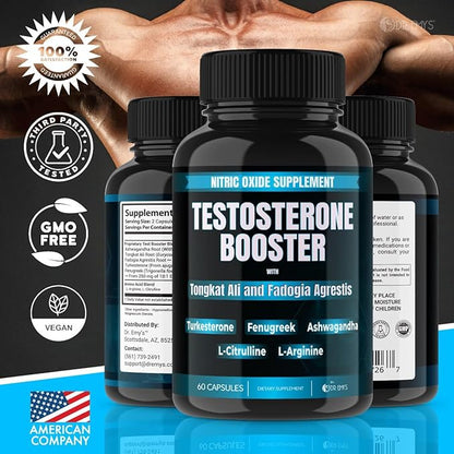 Dr. Emy's (2 Pack Testosterone Booster-Tongkat Ali Fadogia Agrestis Nitric Oxide Ashwagandha Supplement for Men with L Arginine Citrulline Fenugreek - Turkesterone Pre Workout Pump (120 Capsules)