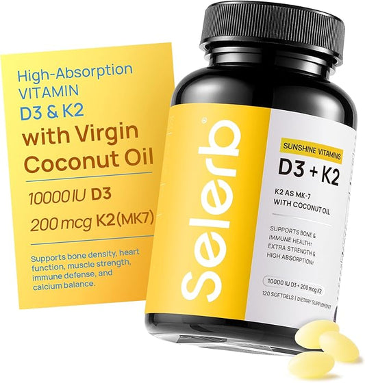 Vitamin D3 K2 with Virgin Coconut Oil -Vitamin D3 10000 IU + K2 MK-7 200 mcg Vitamin Supplement for Bone, Immune and Heart Support Easy to Swallow 120 Softgels