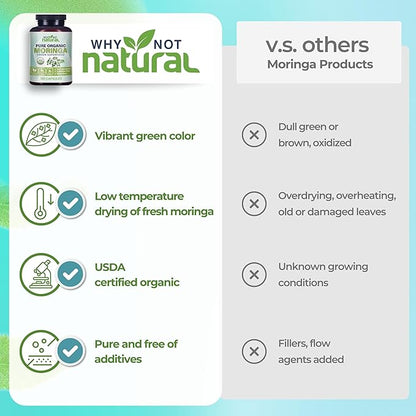 Why Not Natural Organic Moringa Capsules - Green superfood Powder Supplement Pills - Maringa
