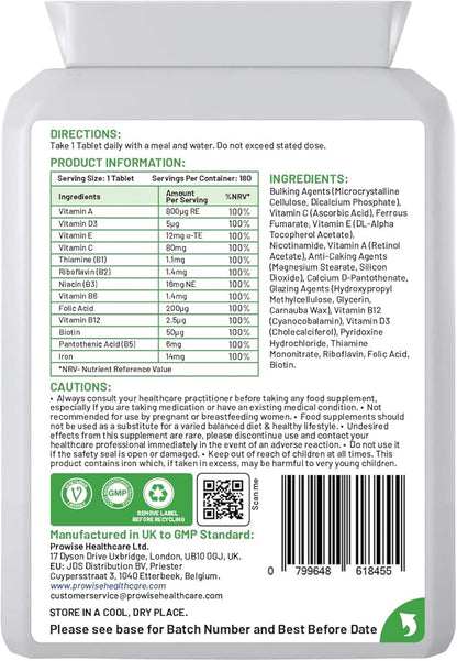 Multivitamin & Iron 180 Tablets (6 Months Dose) Immune Support - One A Day Multi-Vitamin Supplement – UK Manufactured | GMP Standards by Prowise Healthcare - Suitable for Vegetarians