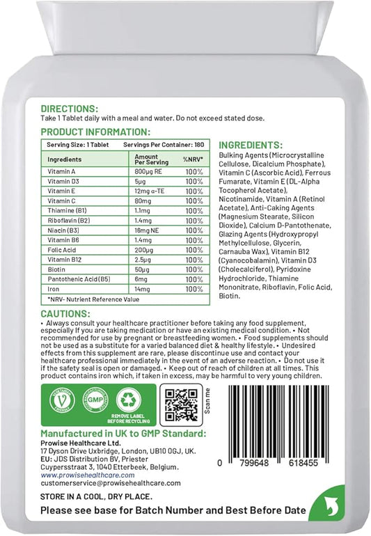Multivitamin & Iron 180 Tablets (6 Months Dose) Immune Support - One A Day Multi-Vitamin Supplement – UK Manufactured | GMP Standards by Prowise Healthcare - Suitable for Vegetarians