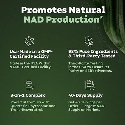 Reus Research NMN Supplement Alternative - Liposomal Nicotinamide Riboside w/Resveratrol & Quercetin - High Purity NAD Supplement for Anti-Aging, Energy, Focus - 80 Capsules