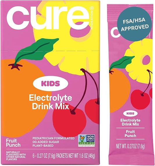 Cure Hydration - Kids Electrolyte Drink Mix | Plant-Based Pediatrician Formulated Rehydration | No Added Sugar, Non-GMO, Gluten-Free, No Artificial Flavors, FSA & HSA | Box of 6 Packets - Fruit Punch