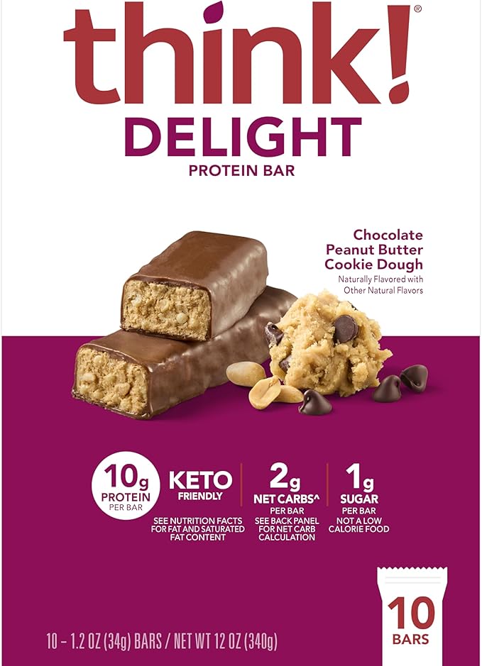 think! Delight, Keto Protein Bars, Healthy Low Carb, Gluten Free Snack - Chocolate Peanut Butter Cookie Dough, 10 Count (Packaging May Vary)