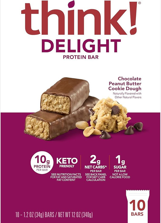 think! Delight, Keto Protein Bars, Healthy Low Carb, Gluten Free Snack - Chocolate Peanut Butter Cookie Dough, 10 Count (Packaging May Vary)