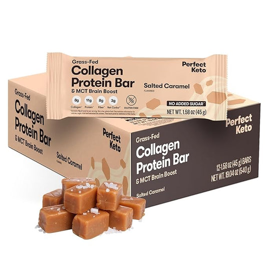 Perfect Keto Collagen Protein Bar, Gluten Free with Grass Fed Collagen + MCT Oil, Low Carb, No Sugar Added, High Protein Snacks, Keto Diet Foods, 10g Protein, 19g Fat, 2g Net Carbs, Salted Caramel, 12 Bars