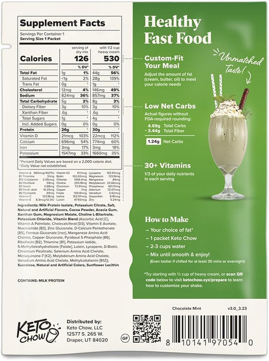 Keto Chow Chocolate Mint | Keto Meal Replacement Shake | Nutritionally Complete | Low Carb | Delicious Easy Meal Substitute | You Choose The Fat | 21 Meal Bulk Pack