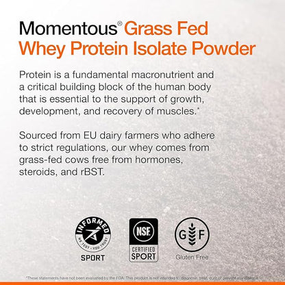 Momentous Essential Grass-Fed Whey Protein Powder - 20g Whey Isolate Protein - NSF Certified, Gluten-Free, 24 Servings for Essential Everyday Use, Vanilla (Package May Vary)