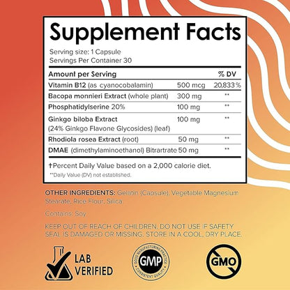 Vital Vitamins Brain Supplements for Memory and Focus (3 Pack) - Nootropic Brain Support - Memory, Clarity, Focus, Energy - Vitamin B12, Gingko Biloba, DMAE