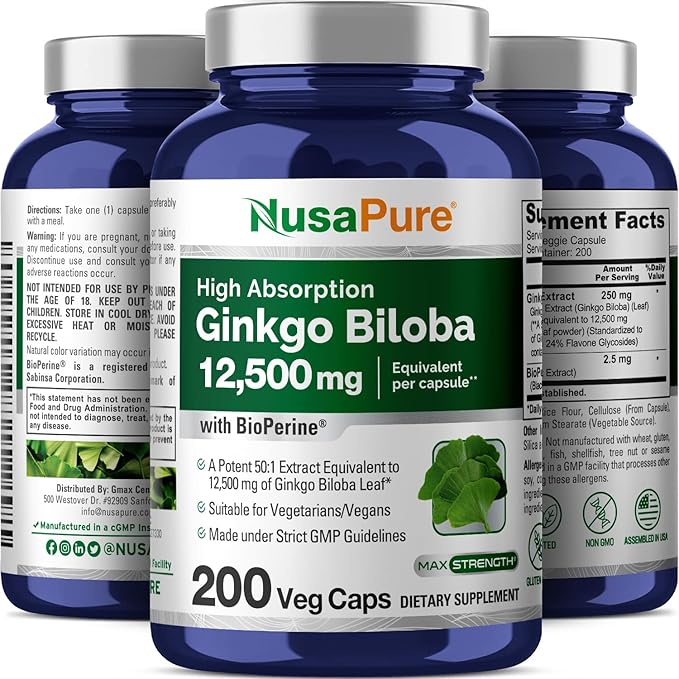 NusaPure Ginkgo Biloba Extract 12,500mg per 200 Capsules 50:1) Bioperine