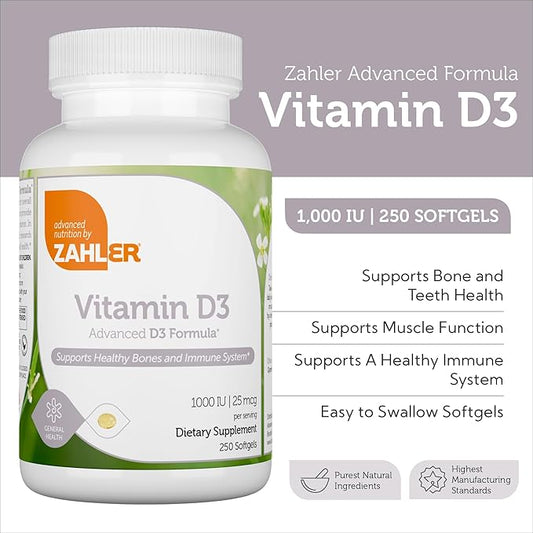 Zahler - Advanced Vitamin D3 1000 IU Softgels (250 Count) Kosher Vegetarian Friendly Vitamin D for Immune Support, Bone, Teeth & Muscle Health - Daily D3 Vitamin Supplement for Adults - Easy Swallow V