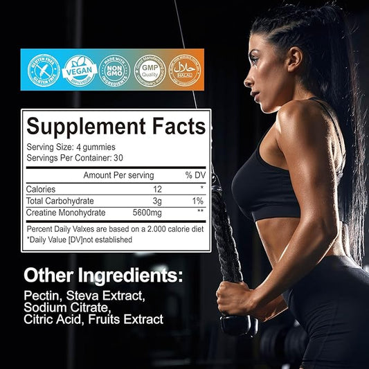 Creatine Monohydrate Gummies 5600mg for Men & Women, 120 CT Chewable Creatine Monohydrate for Muscle Support, Energy Boost, 5.6g of Creatine Monohydrate per Serving - Sugar Free (Blueberry Flavor)