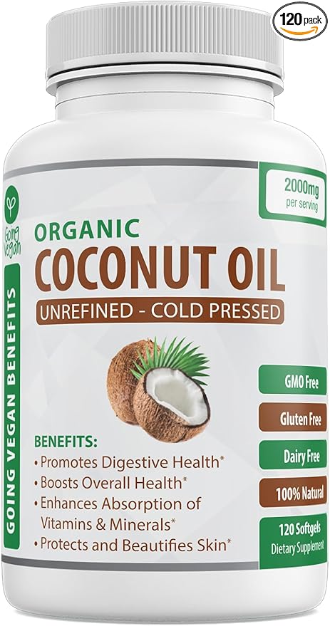 Organic Coconut Oil Capsules 2000mg - 100% Extra Virgin, Cold Pressed for Healthy Skin, Extra Hair Growth, Nail Care, Brain Booster - 120 Softgels - Unrefined Pure & Non GMO Pills - Rich in MCT