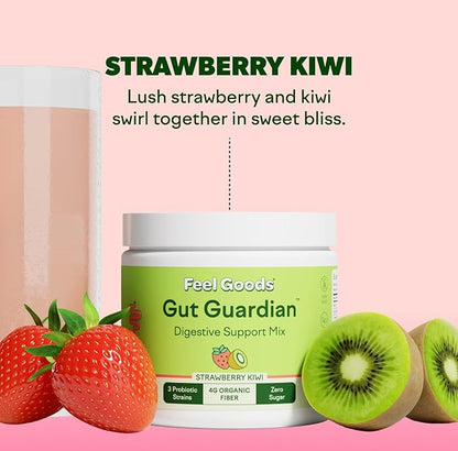 Feel Goods Gut Guardian, Prebiotic & Probiotic Powder, Sugar Free, Organic Fiber, Herbs for Bloat, Gut Health Support, Digestive Health for Men & Women, Non GMO, Vegan | Strawberry Kiwi, 30 Servings