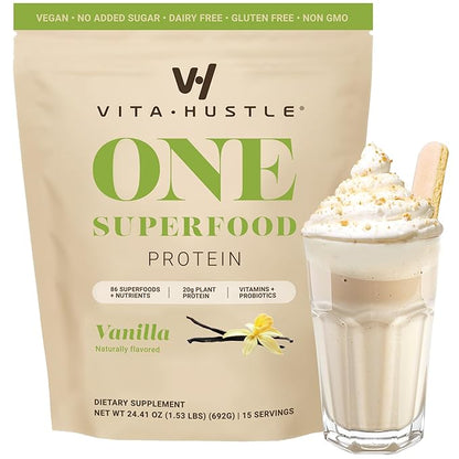 VitaHustle ONE - Superfood Meal Replacement Shake, Plant Based Protein Powder, Vegan. 86 Superfoods, Vitamins, & Minerals, Ashwagandha, Adaptogens. Founded by Kevin Hart. (Vanilla) 15 Servings