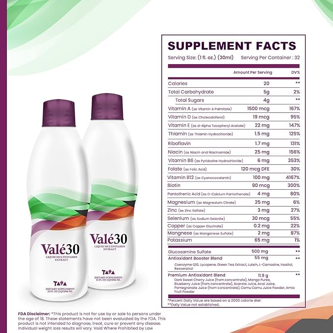 TAVA Liquid Vitamins, Valé30® a Liquid Multivitamin for Men, Women, and The Whole Family, Energy Supplements for 30 Days with Vitamin A and Vitamin B Complex - The Perfect Boost Drink for Everyone.