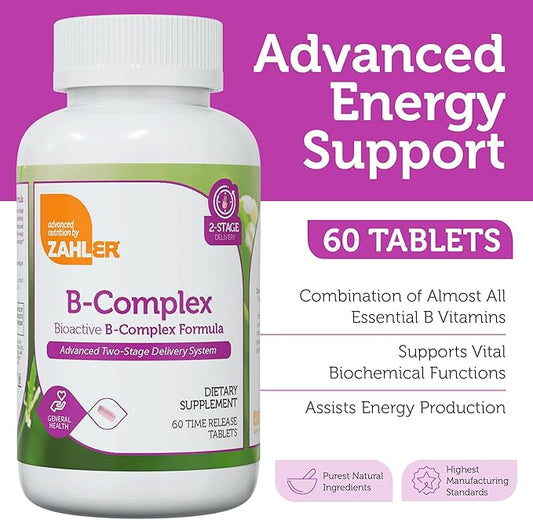 Zahler B-Complex Vitamins for Women & Men - Vitamin B Complex - B Vitamins Complex with B1 B2 B3 B5 B6 B7 B9 B12 - Advanced 2-Stage Delivery System - Gluten Free Kosher Non-GMO VIT B (60 Tablets)