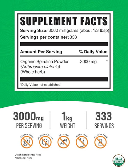 BulkSupplements.com Organic Spirulina Powder 3000mg per 1kg (2.2 (2.2 lbs) 1)