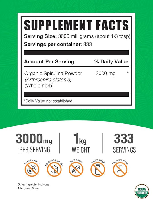 BulkSupplements.com Organic Spirulina Powder 3000mg per 1kg (2.2 (2.2 lbs) 1)