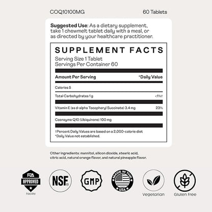 COQ10 100mg and Vitamin E Chewable Tablets 60 Count,