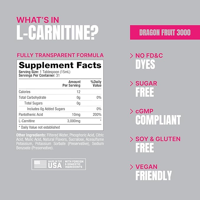 PROSUPPS L-Carnitine Stimulant Free Liquid Shots for Men & Women - Workout Drink for Performance & Muscle Recovery - Clean Energy, No Sugar, No Carbs (31 Servings, 3000 Dragon Fruit)