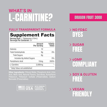 PROSUPPS L-Carnitine Stimulant Free Liquid Shots for Men & Women - Workout Drink for Performance & Muscle Recovery - Clean Energy, No Sugar, No Carbs (31 Servings, 3000 Dragon Fruit)