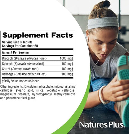 Natures Plus Mixed Vegetables - 180 Tablets, Pack of 2 - with Broccoli, Spinach, Carrot & Cabbage - Gluten Free - 120 Total Servings
