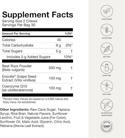 humanN SuperBeets Heart Chews Advanced - 100mg of CoQ10 Plus Beetroot & Grape Seed Extract, 60 Count