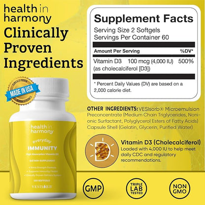 Everyday Immunity 4000 iu Vitamin D3 Supplement - Fast Acting Immune Support Supplement for Bone/Cellular Health - Non GMO, Dietary Supplements - Utilizes Vesisorb® (60 softgels)