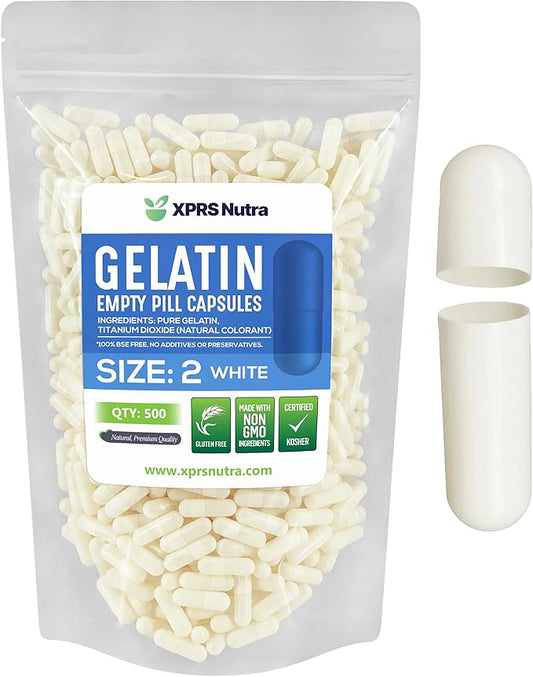 XPRS Nutra Size 2 Empty Capsules - 500 Count Empty Gelatin Capsules - Empty Pill Capsules - DIY Capsule Filling - Pure Bovine Pill Capsules Empty Gel Caps (White)