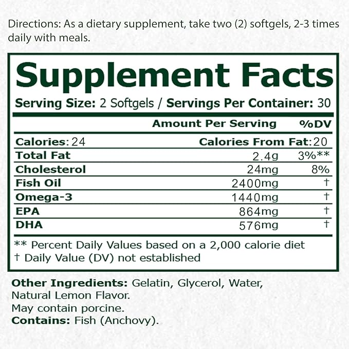 Omega-3 Fish Oil 2400mg, Expiration Date 31, 2023, 2023, Supplement 60 Softgels