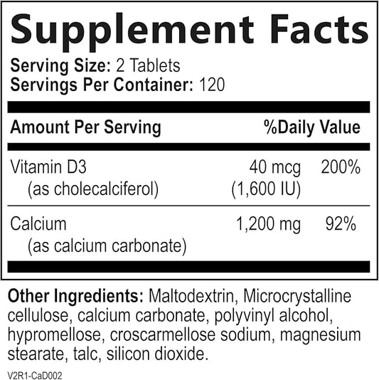 Calcium 1200mg with Vitamin D3 1200 mg 1600 IU D3, Slow 240 Tablets