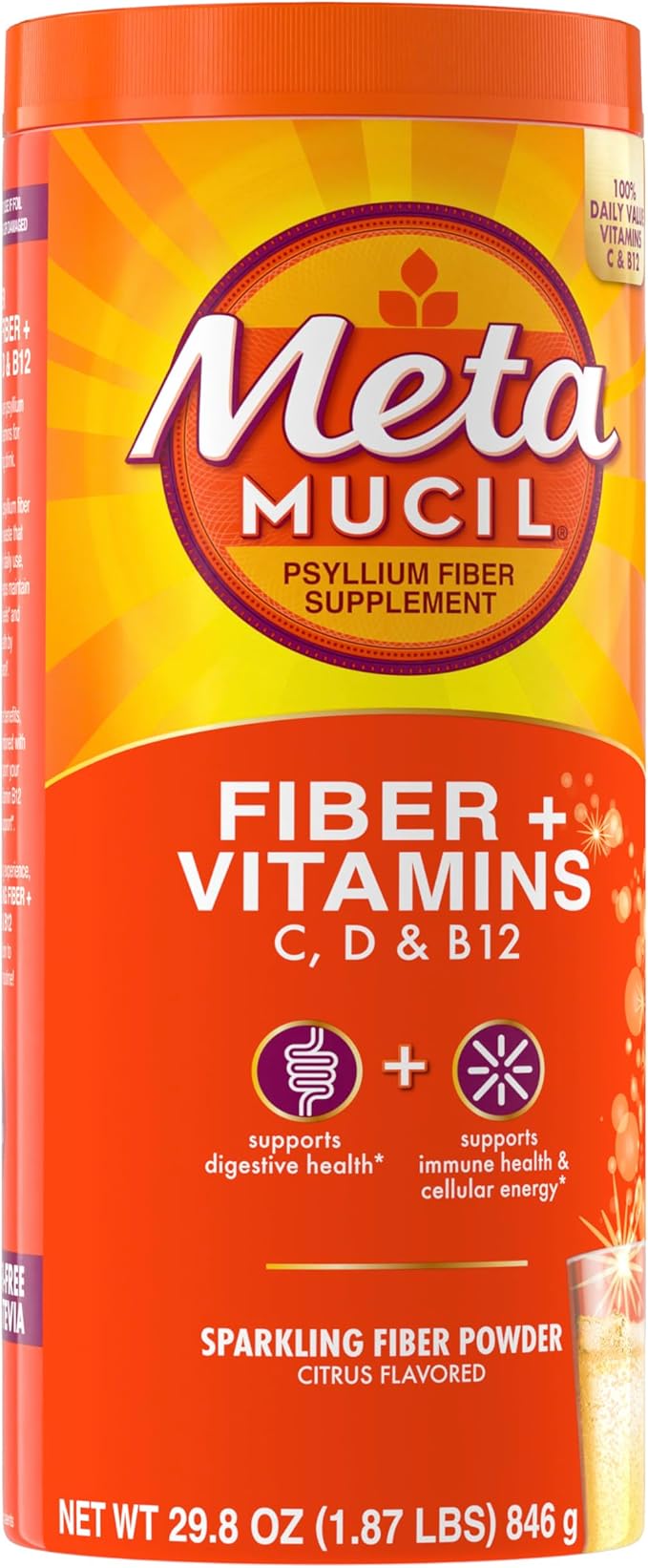Metamucil 4-in-1 Fiber + Vitamins C, B12, Fizzy B12, Citrus 90 servings